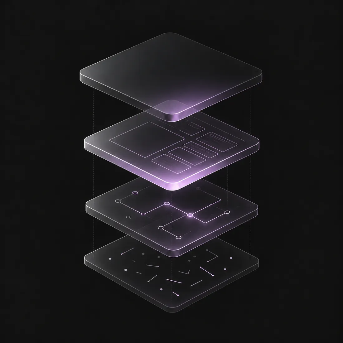 Thin translucent layers turn scattered information into connected paths and a clear product interface. The four steps run from Understand at the bottom to Deliver at the top.