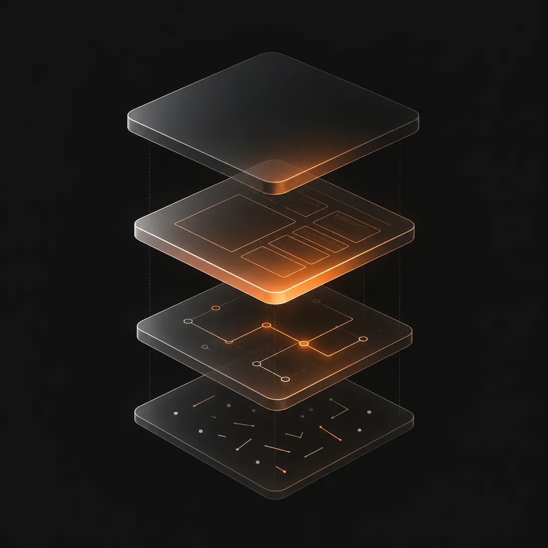Thin translucent layers turn scattered information into connected paths and a clear product interface. The four steps run from Understand at the bottom to Deliver at the top.