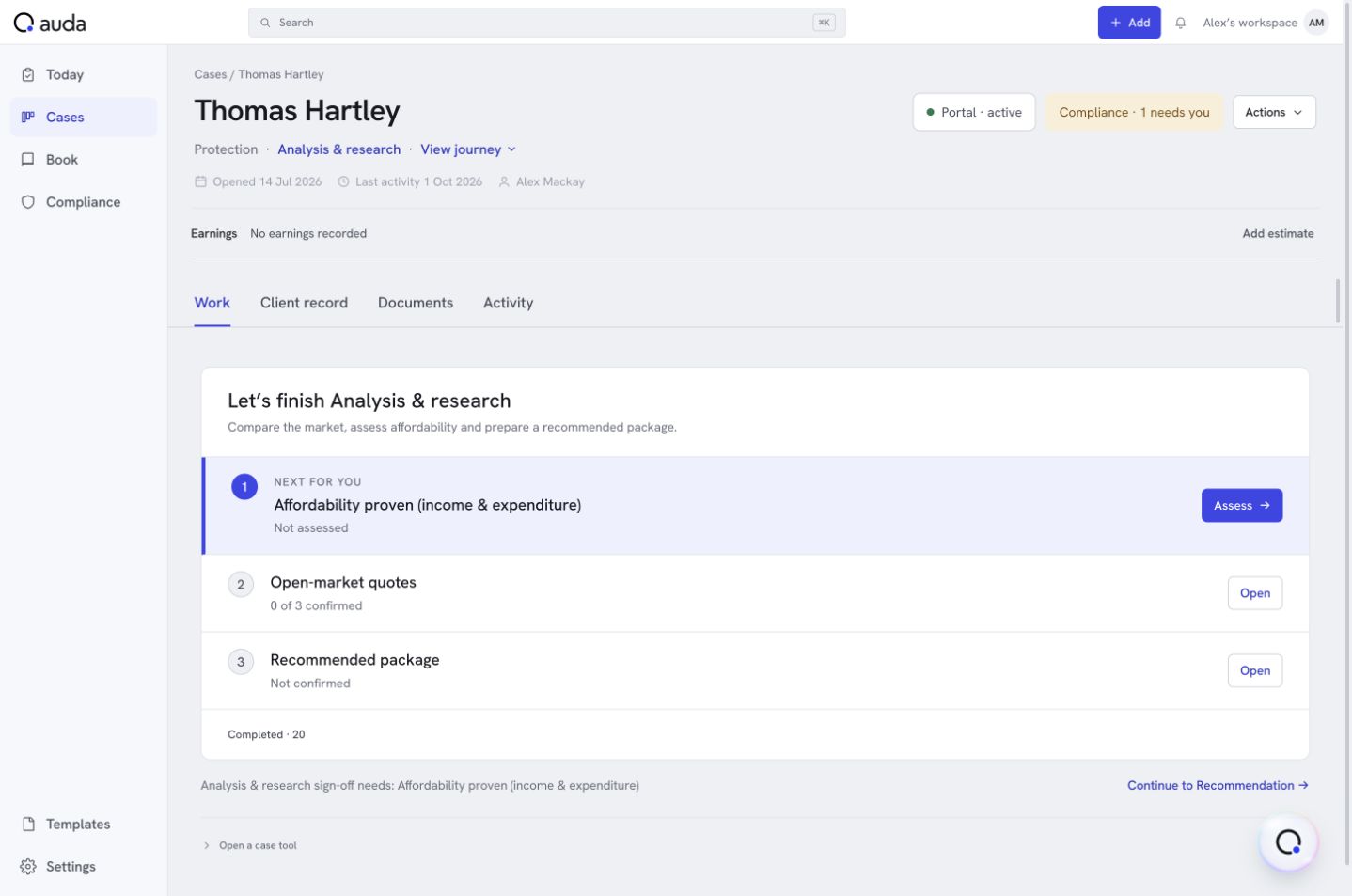Auda adviser workspace showing Thomas Hartley’s case and the next action.