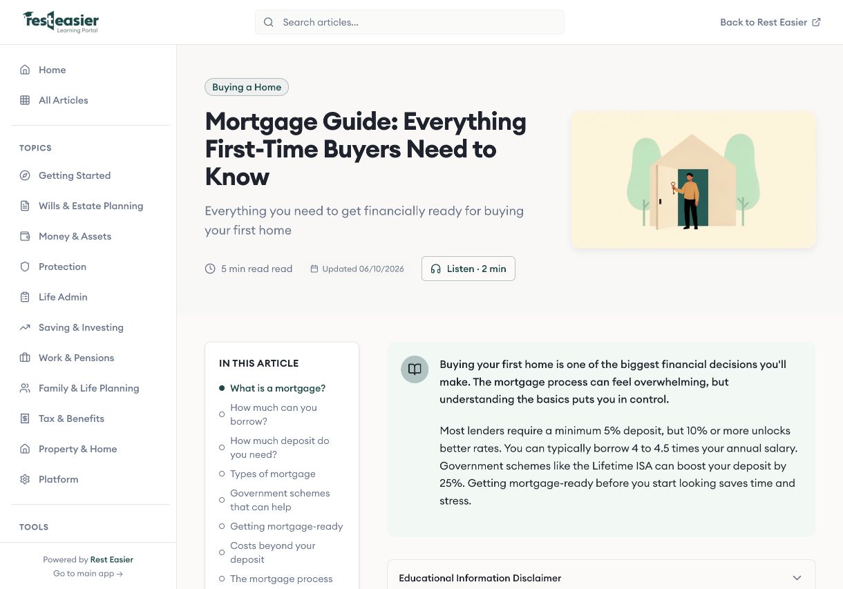 The live Rest Easier mortgage guide, with an illustration and a Listen option.
