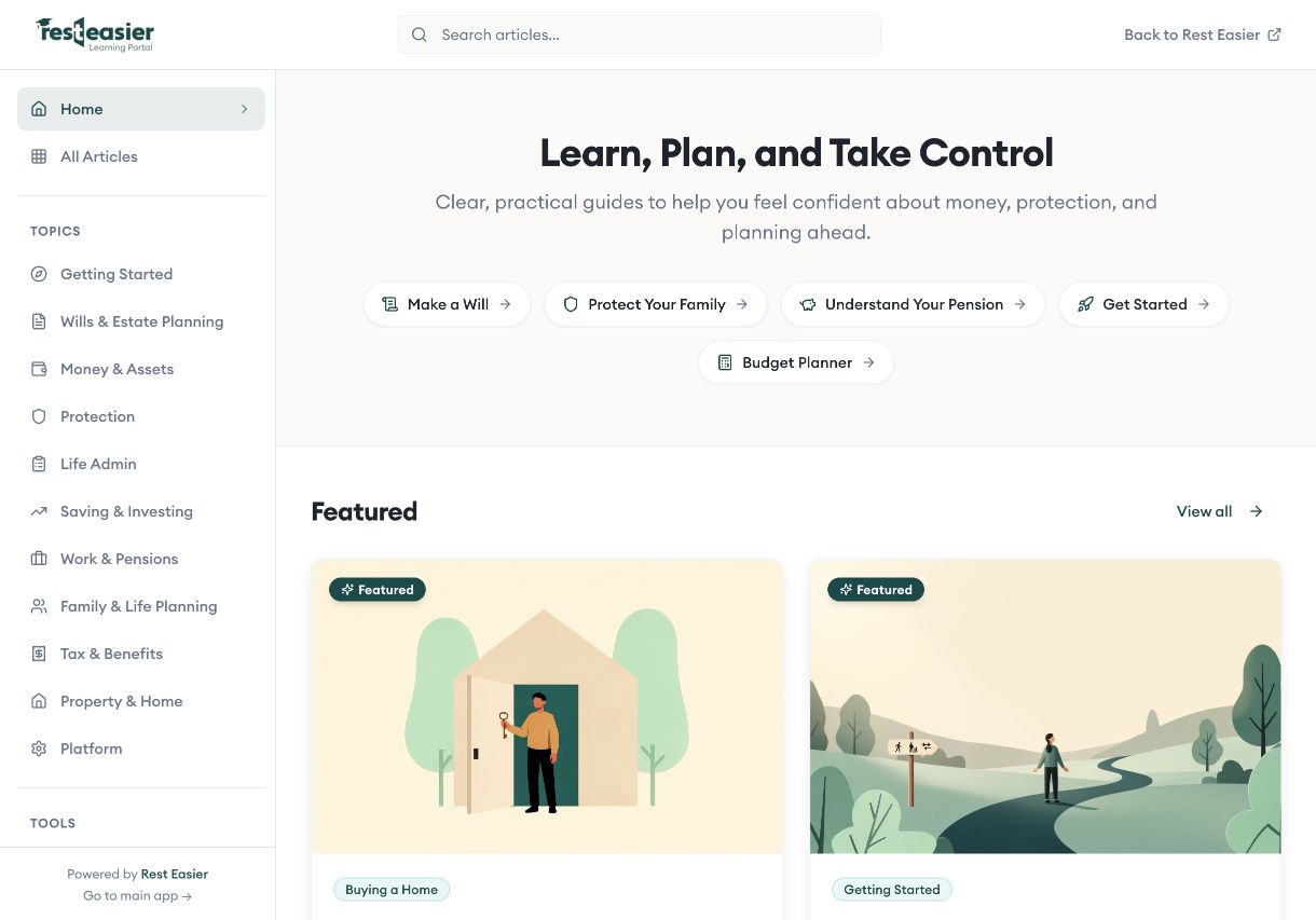 Rest Easier’s learning portal with life and money topics and illustrated articles.